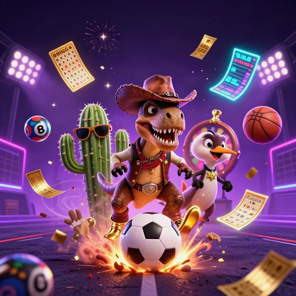 Cowboy T-Rex, cactus, and roadrunner burst around a flying soccer ball in neon casino lights.