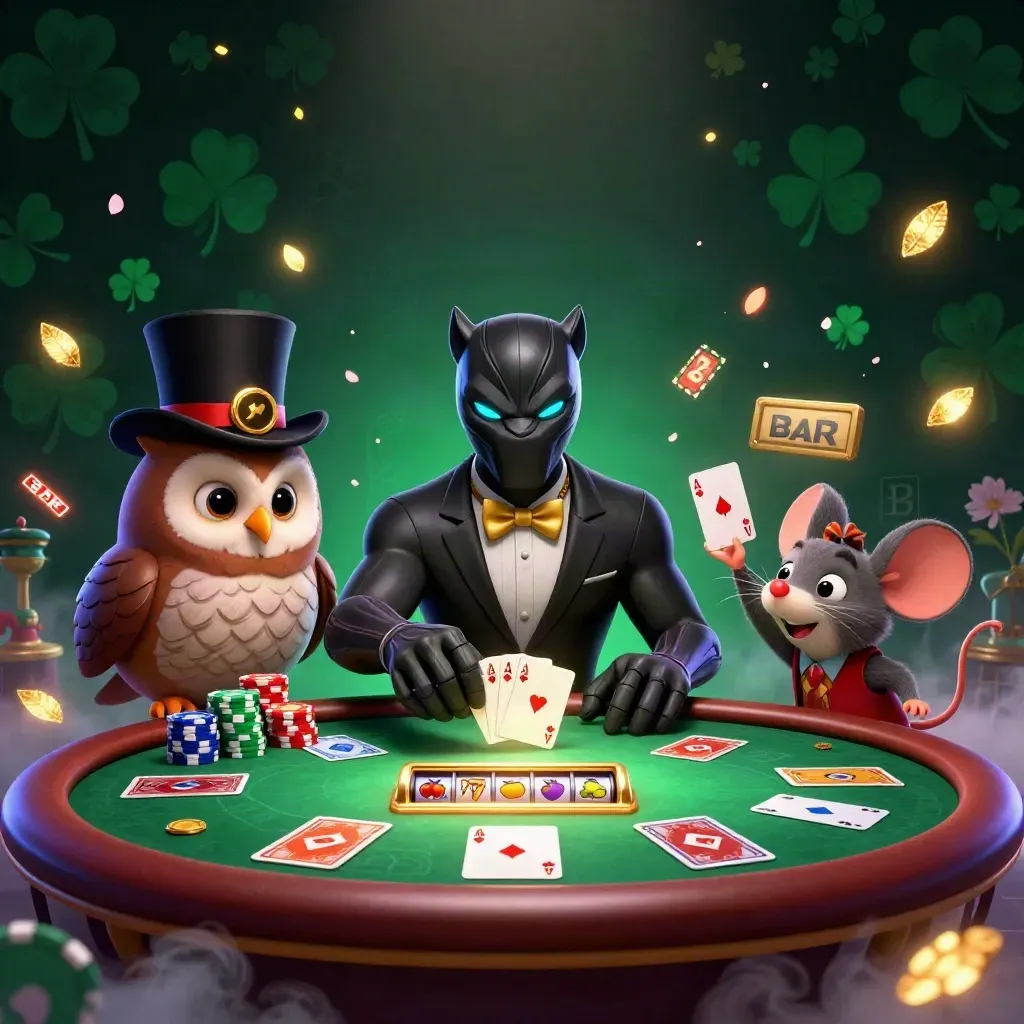 Panther, owl, and mouse at a glowing casino poker table with chips, aces, and magical lights.
