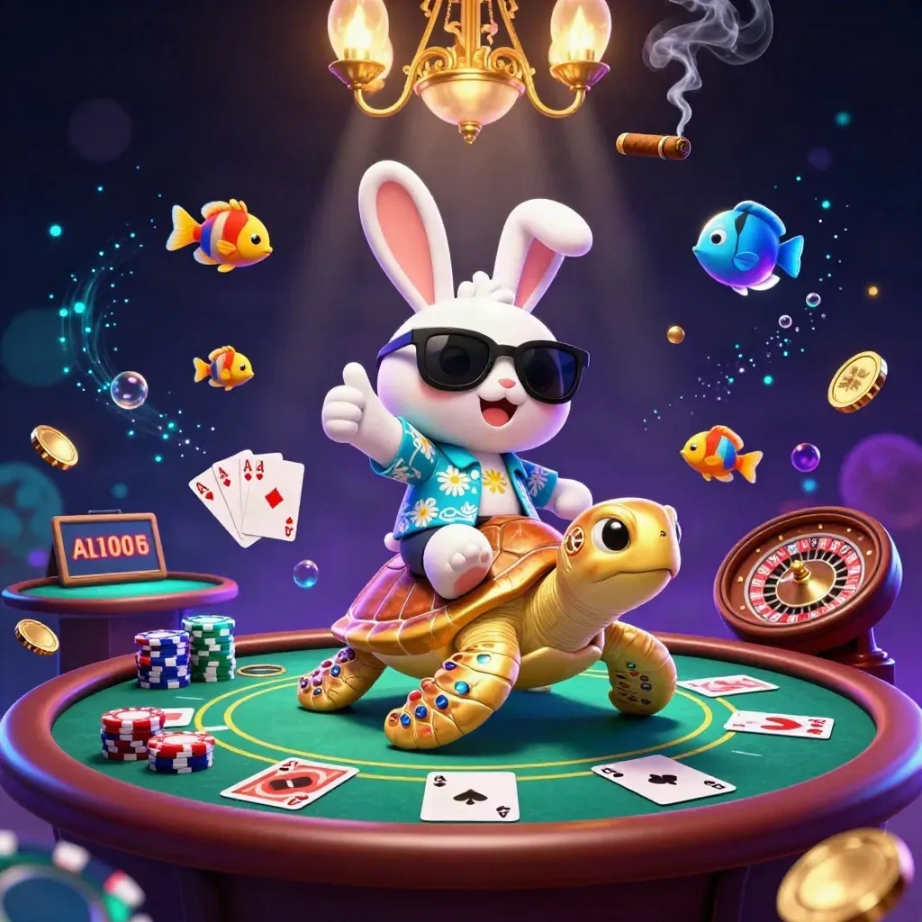Lucky rabbit on a golden sea turtle amid casino tables, chips, cards, and glowing underwater light.