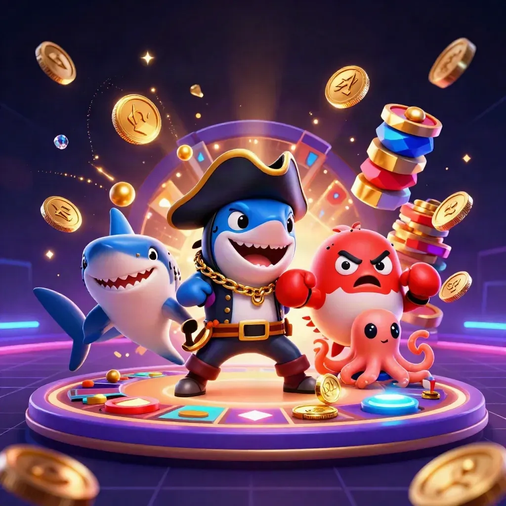 Shark captain, pufferfish, and octopus amid casino lights, coins, cards, and chips.