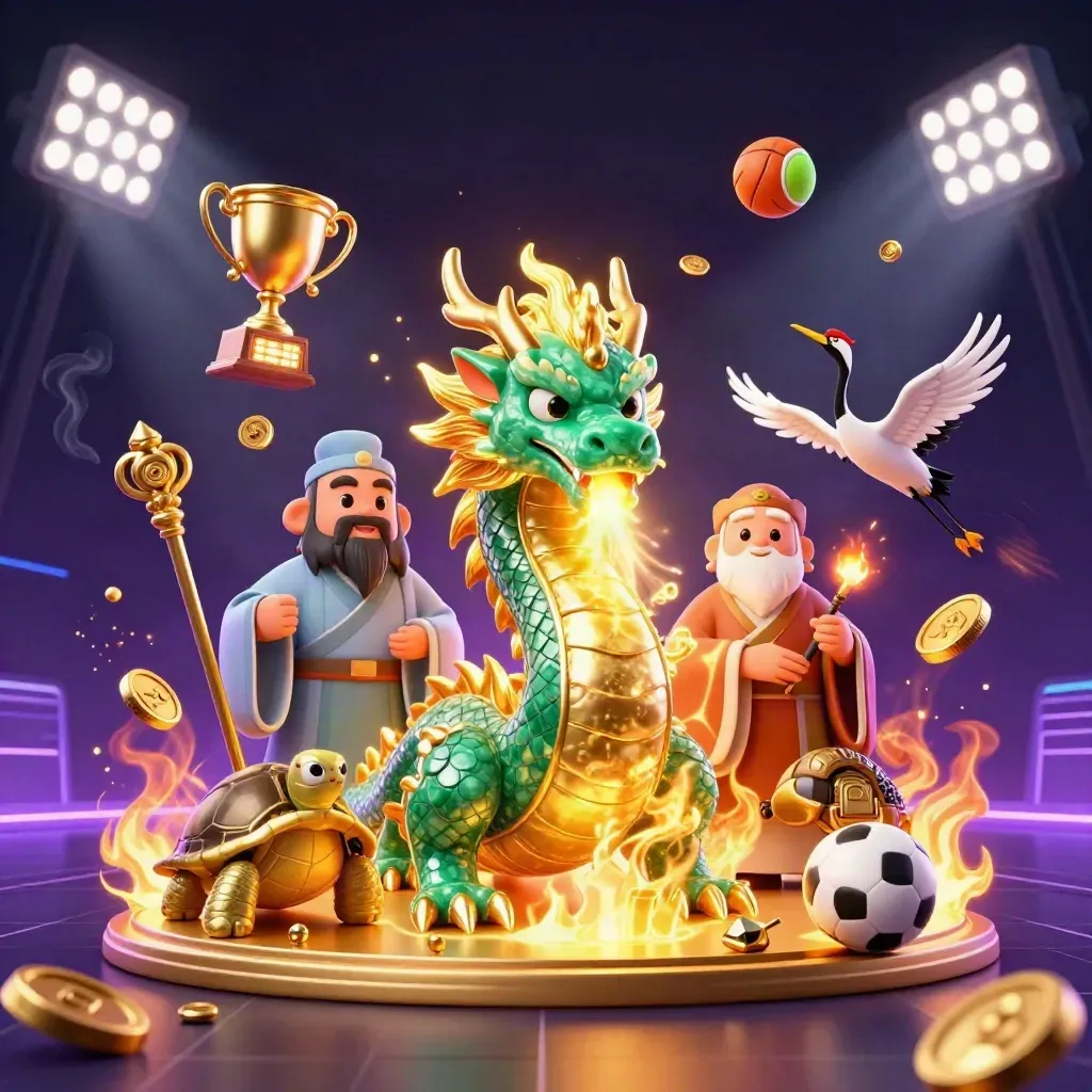 Jade dragon, turtle sage, and cranes amid gold fire, coins, balls, and neon casino glow.