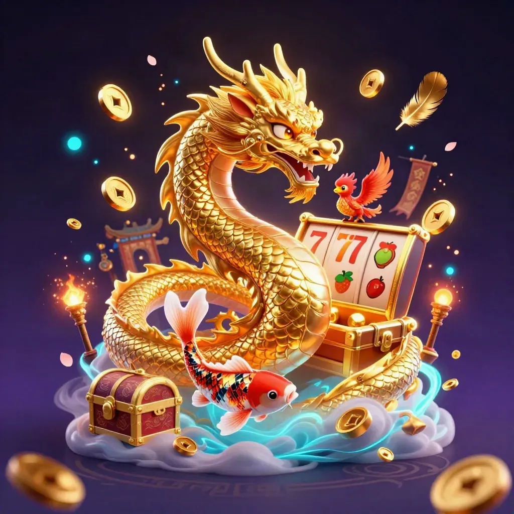 Golden dragon, phoenix, and koi explode from a treasure chest in a neon casino fantasy scene.